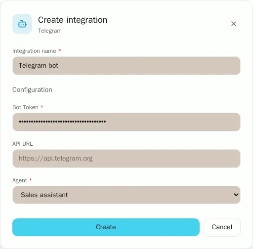 Form to connect Telegram