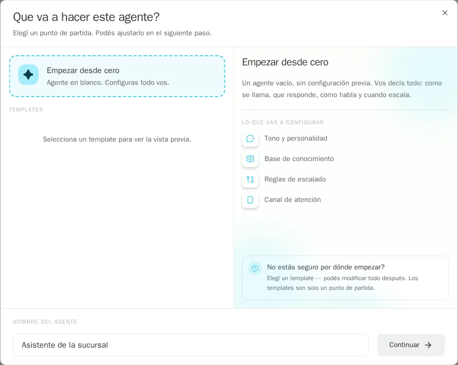 Nombre del agente antes de continuar